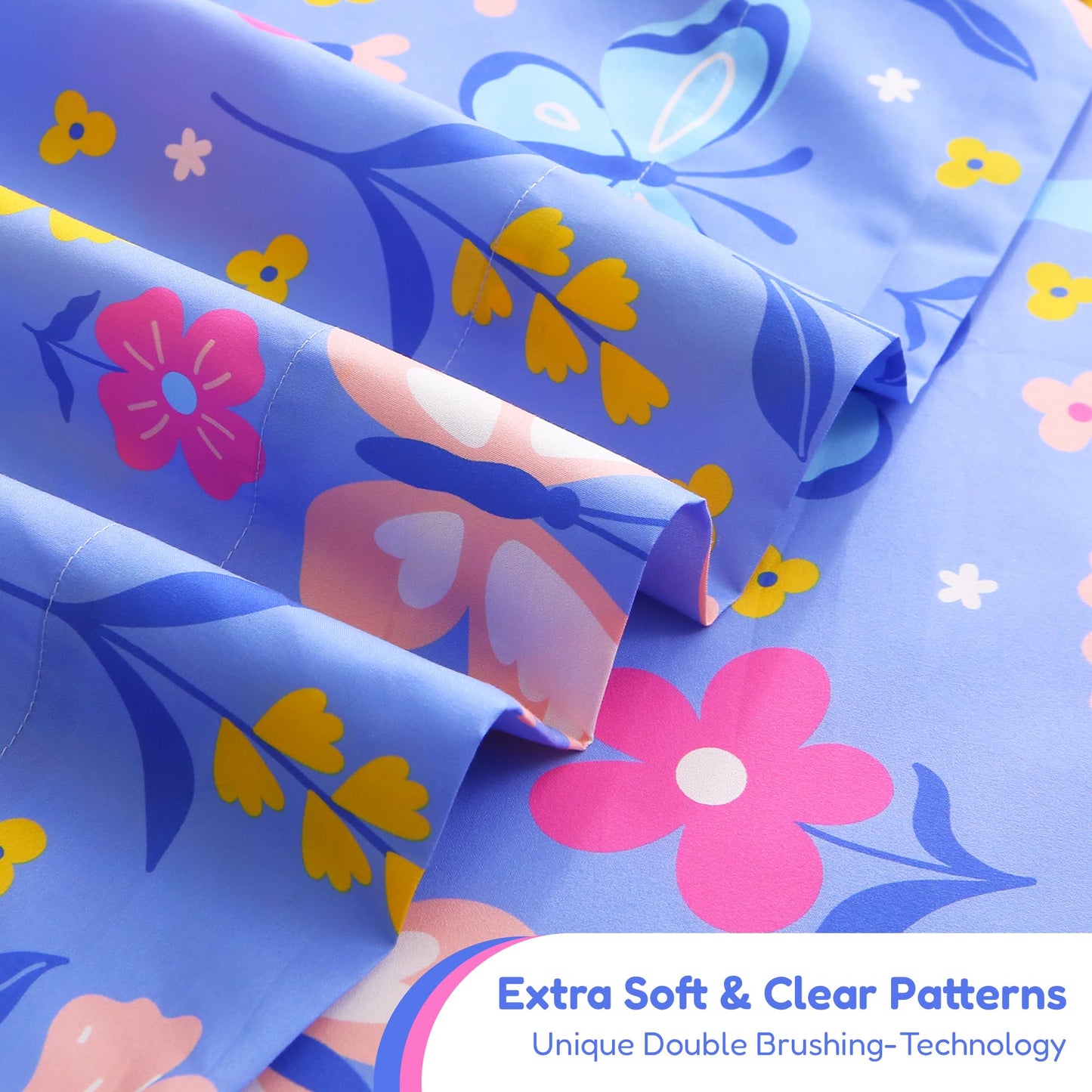 Softan Kids Twin Sheets Set, 3 Piece Butterfly Floral Bedding Set for Girls, Soft Breathable Microfiber with 15" Deep Pocket, Fitted Flat Sheet & Pillowcase