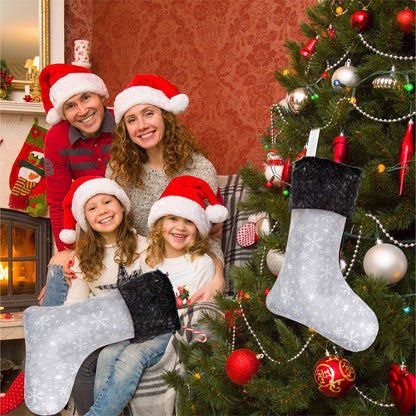 Senneny Christmas Stockings- 4 Pack 18" Grey and White Snowflake Christmas Stockings with Black Plush Faux Fur Cuff, Large Christmas Stockings Decorations for Family Christmas Holiday Party