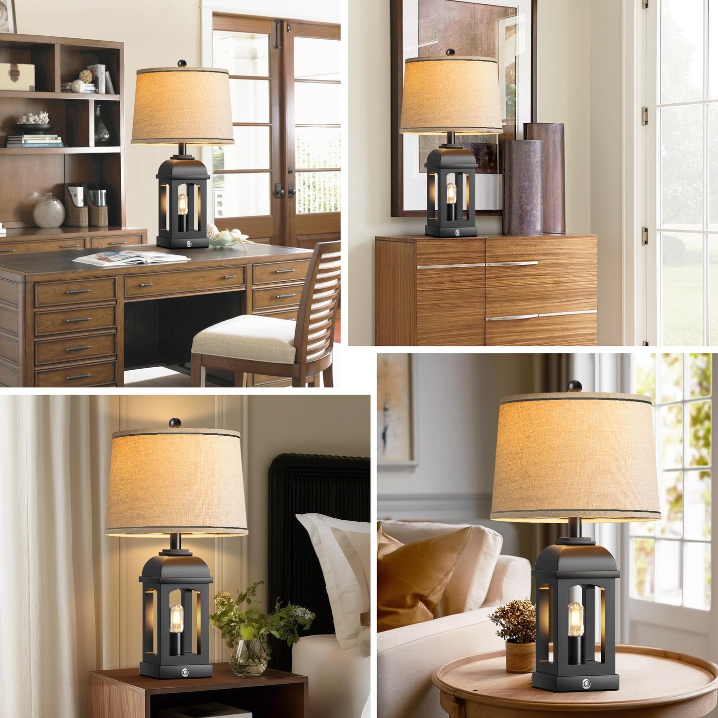 QiMH Table Lamp for Living Room, Farmhouse Lamps Set of 2 with USB A+C and Nightlight, 26" Rustic Bedside Lamps with 3-Way Dimmable Touch Control, Nightstand Lamp for Bedroom Decor, Black