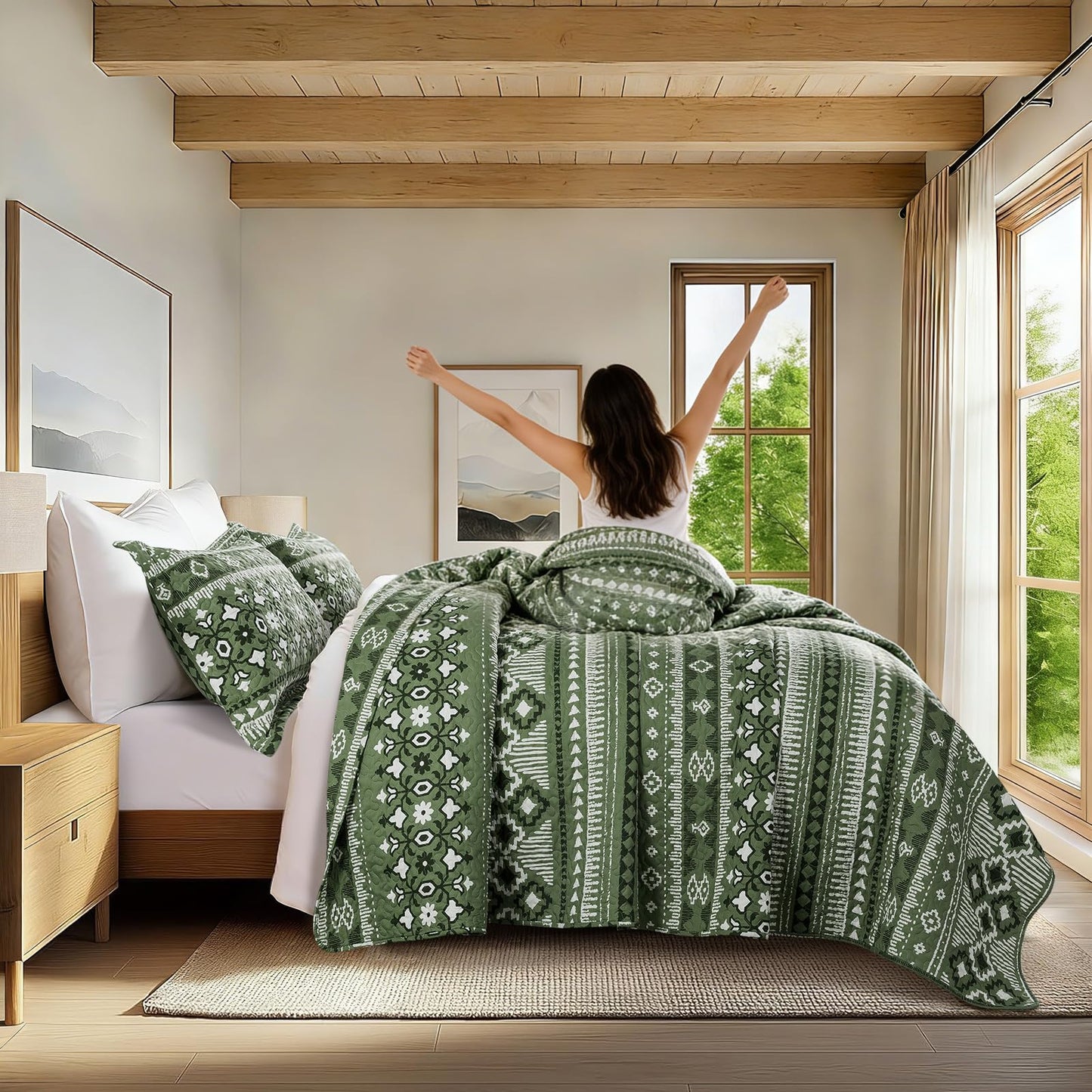 BEDIFANY Green Queen Comforter Set 3 Pieces, Boho Microfiber Queen Size Quilts for Bed, Lightweight Quilted Bedspread for All Season, Olive Green