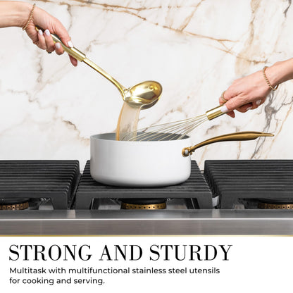 7-Piece Beige & Gold Kitchen Utensils Set – Non-Toxic Silicone & Stainless Steel Tools for Cooking, Serving, & Hosting – Ideal for Nonstick Cookware & Modern Kitchens, with Gold Utensil Holder