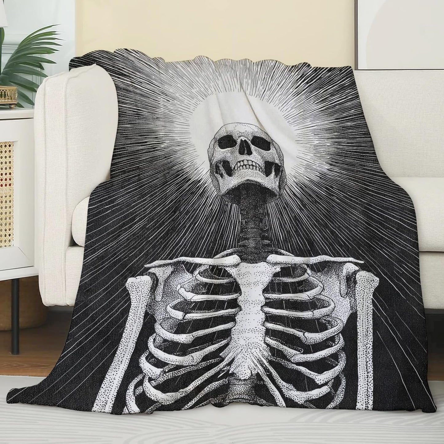 Zeleda Gothic Skeleton Fleece Blanket, Soft Throw with Black and White Skull, Lightweight Cozy Blankets for All Seasons, Goth Dramatic Home Decor and Gifts for Halloween and Adults, 50x60 Inch