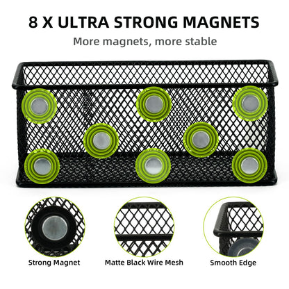Neudeco Magnetic Locker Organizer and Accessories, Wire Mesh Magnetic Storage Basket, Magnetic Holder for Dry Erase Markers, Strong Magnet Pen Holder for Fridge School, Pack of 3, Black