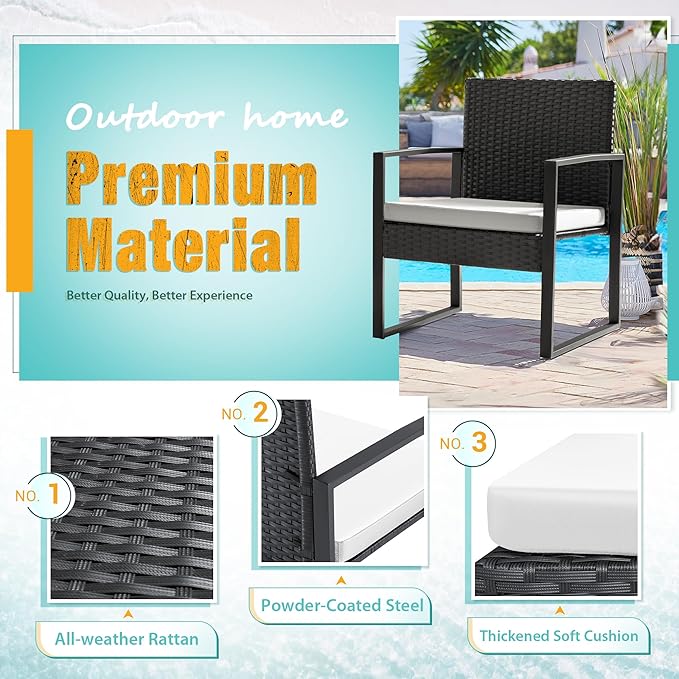 Flamaker 3 Pieces Patio Furniture Outdoor Wicker Modern Rattan Chair Conversation Sets with Coffee Table for Yard, Bistro(White)