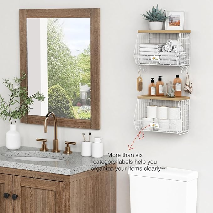 White Fruit Storage Basket for Kitchen Counter Set of 2, Wall Mount Wire Fruit