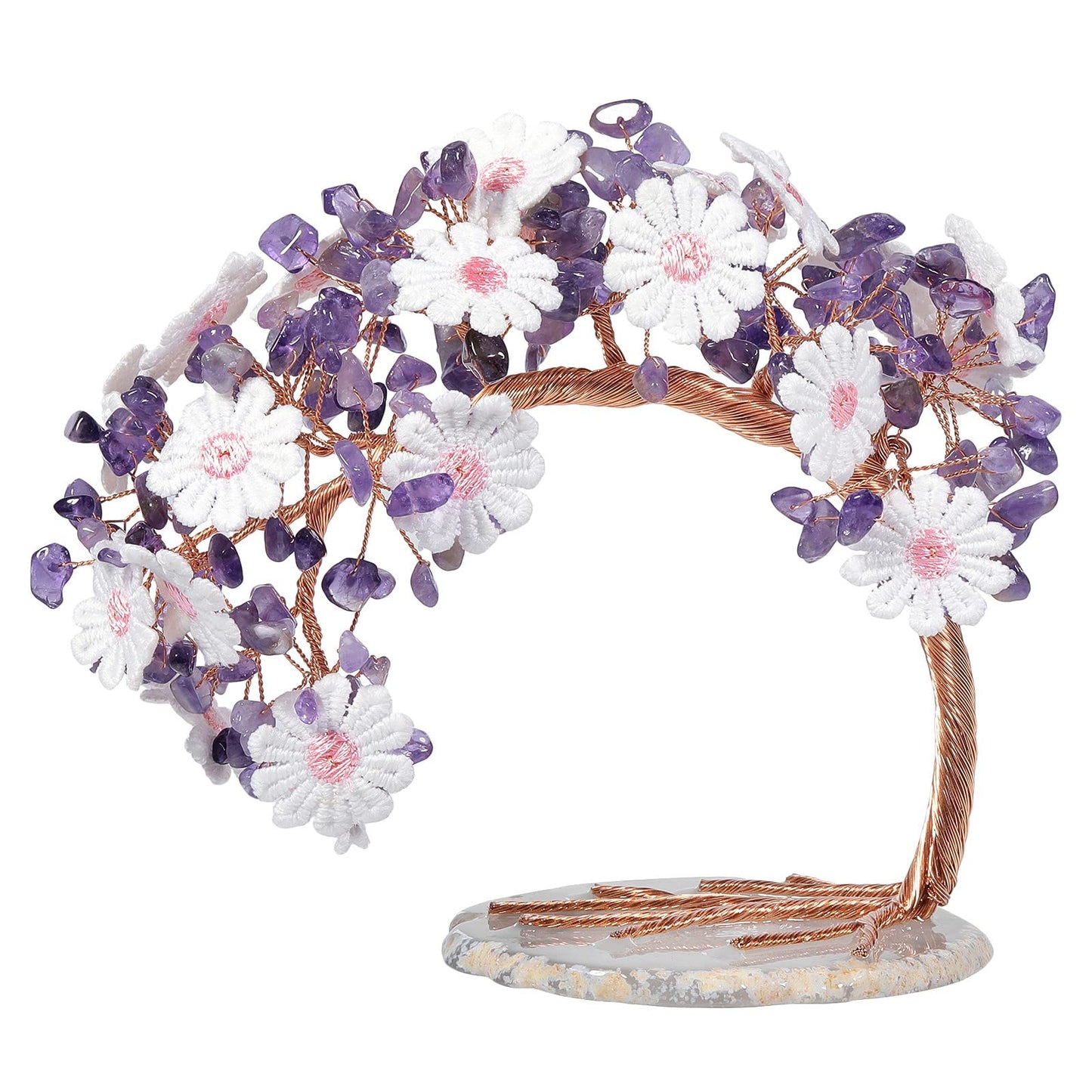 Nupuyai Amethyst Crystal Copper Money Tree Desktop Decor with Agate Base Handmade Lace Flower Wealth Crystal Tree Bonsai for Fengshui Good Luck