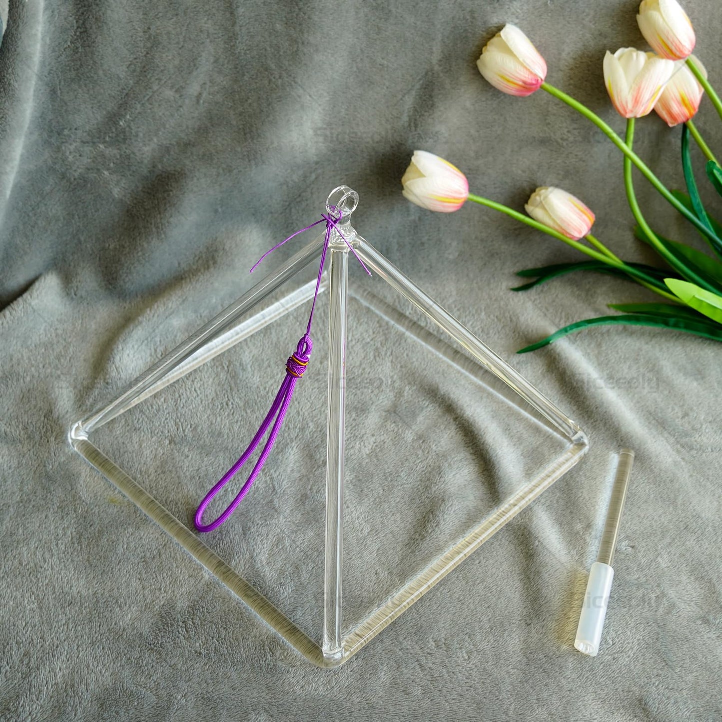 Siceeoly 10 inch Pyramid Quartz Crystal Singing Pyramid Handmade TransparentHealing Musical Instrument For Sound Healing Meditation With Crystal Singing Bowl Striker