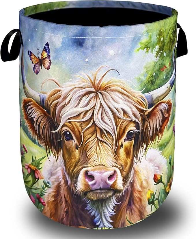 Highland Cow Laundry Basket Floral Foldable Funny Laundry Hamper Oxford Cloth