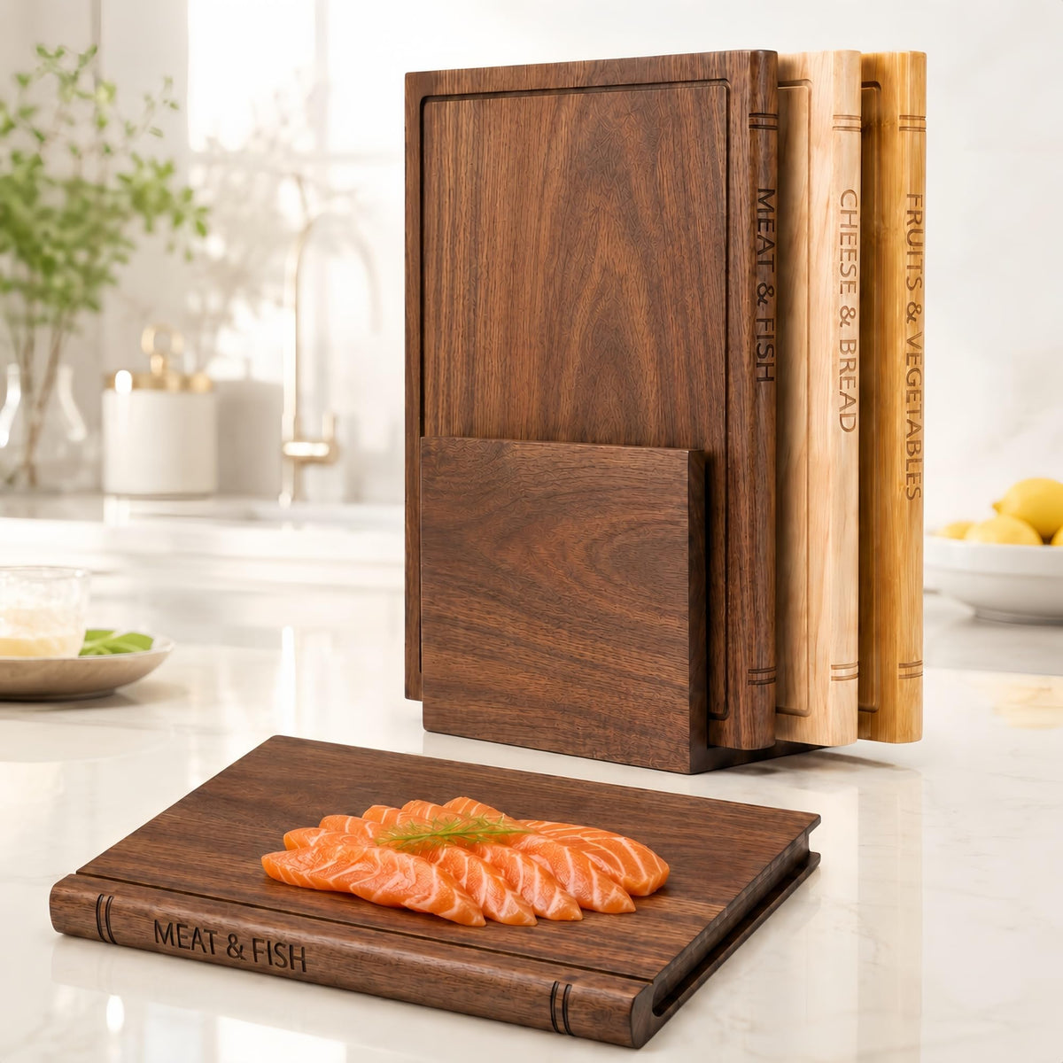 Book Shaped Cutting Board Set with Walnut Stand, 3 PCS Wooden Cutting Boards (13"x10"), Maple Sapele & Bamboo Charcuterie Serving Boards, Decorative Kitchen Decor Gift for Housewarming (1Set)