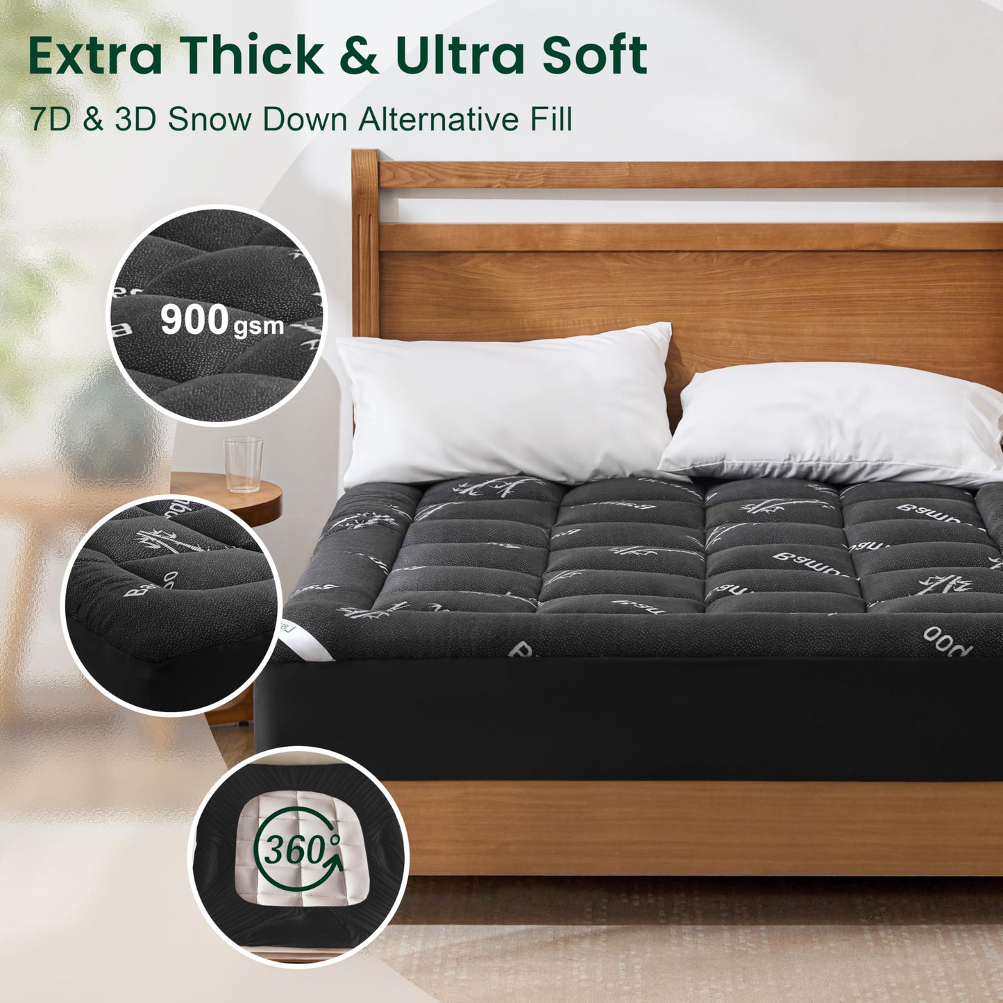 Love's cabin Twin Mattress Topper Viscose Derived from Bamboo, Thick Pillow Top Mattress Pad with Stretchable Pockets for 8"-20" Mattress, Breathable Cooling Mattress Topper for Hot Sleepers, Black