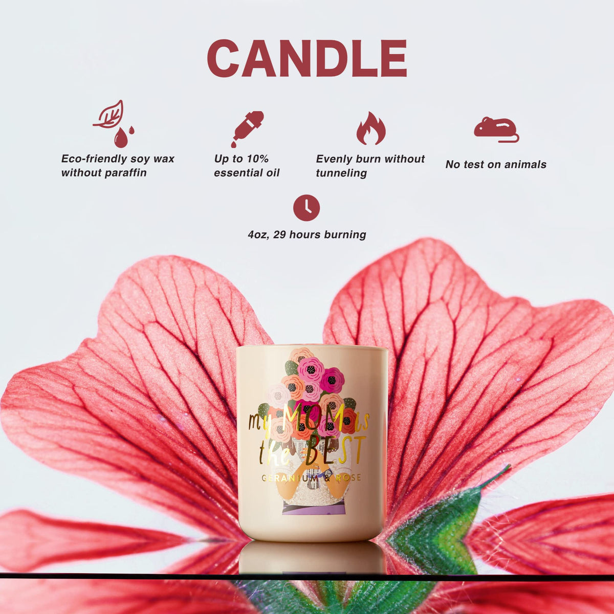 Hidden Label Soy Candle Set: Geranium & Rose 'Best Mom' Gift with Reed Diffuser & Room Spray