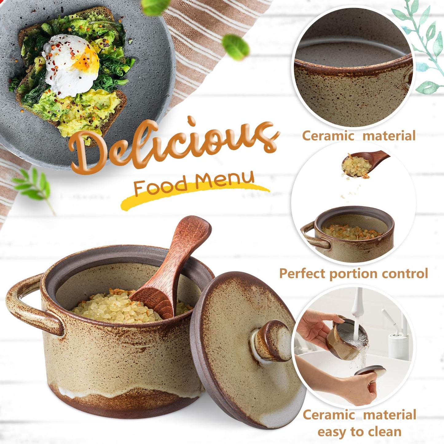 Honeydak Speckled Ceramic Salt Cellar with Lid and Wooden Spoon, Rustic Farmhouse Salt Pepper Cellar Holder for Mothers Day, Housewarming Gift, Heavyweight Spices Jar(Retro Color,1 Set)