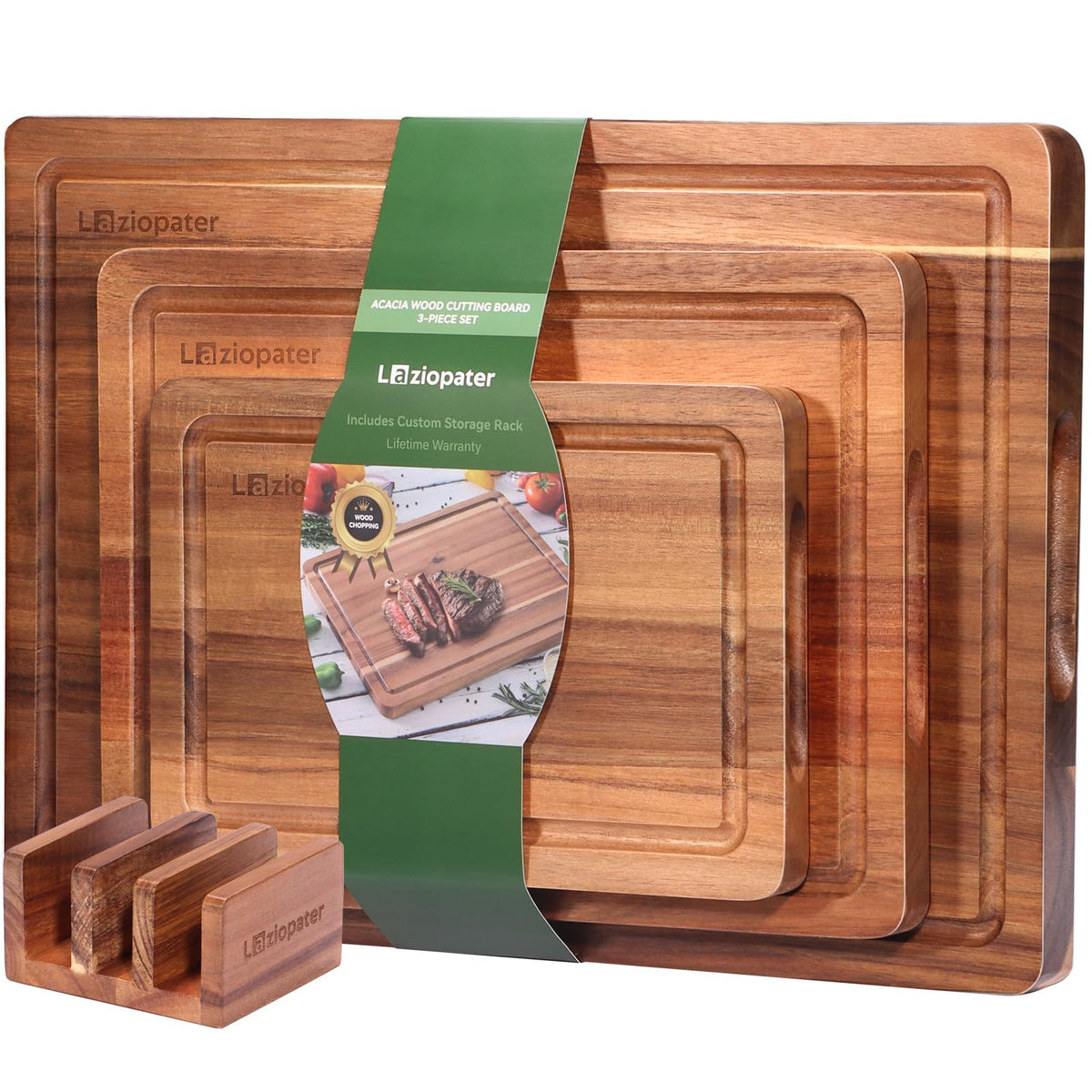 LAZIOPATER Wood Cutting Board Set, 3-Piece Rectangular Boards for Kitchen, 18x12x0.75 Inches, Hand Wash Only (Acacia Wood)