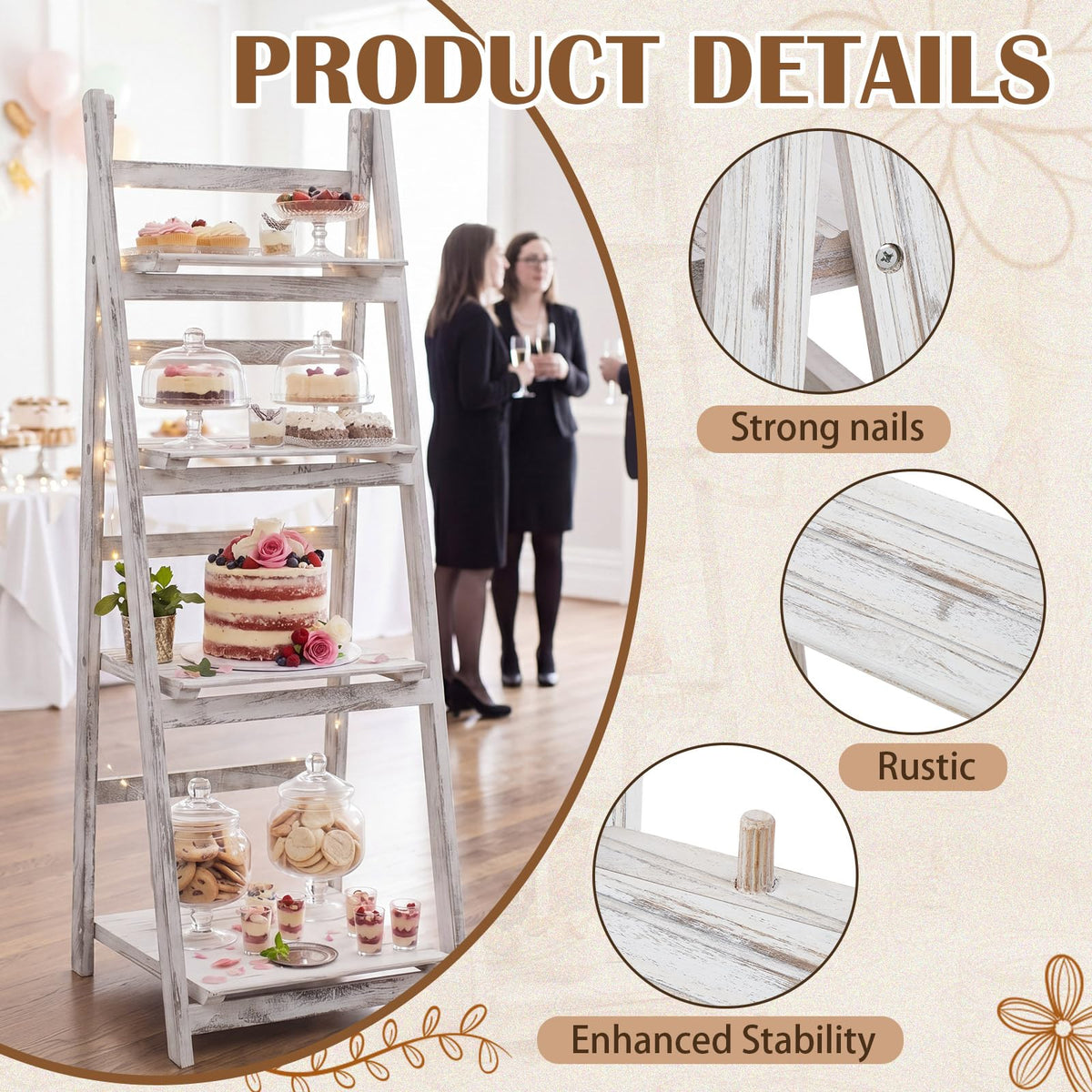Sintuff White Wooden 4-tier Foldable Ladder Shelf, Sturdy Dessert & Snack Display Stand for Birthday Party & Wedding, Indoor Stand Corner Storage Bookshelf, Rustic Storage Rack, No Tool Assembly
