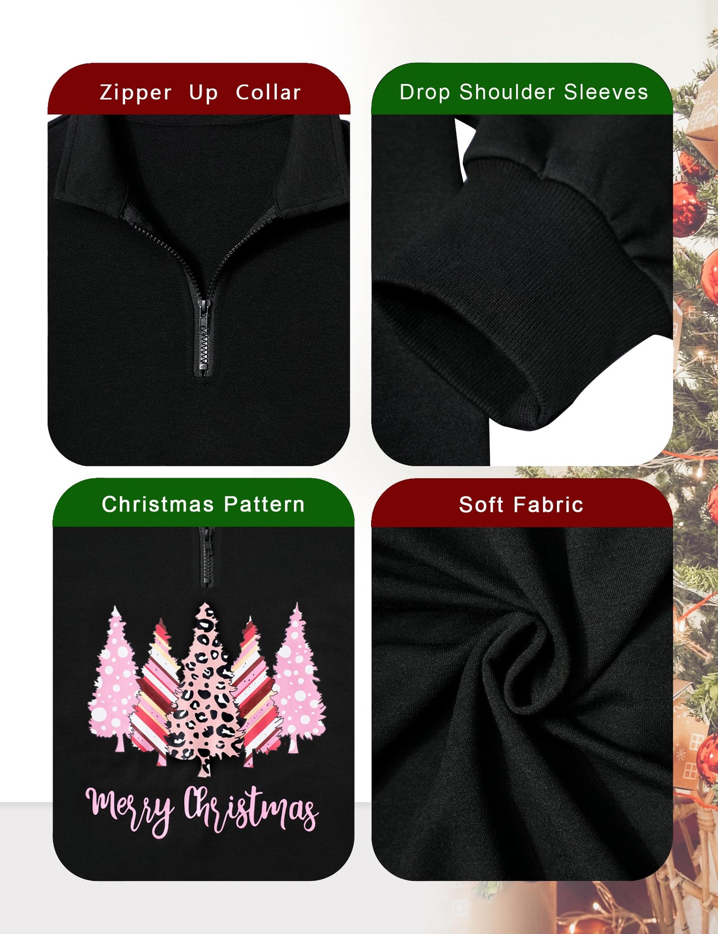 Christmas Sweatshirts for Women - Half Zip & Quarter Zip Pullover Oversized Long Sleeve Tops - Pink & Black Merry Christmas Trees V Neck Outfits - Teen Girls Fall Fashion Y2K Clothes
