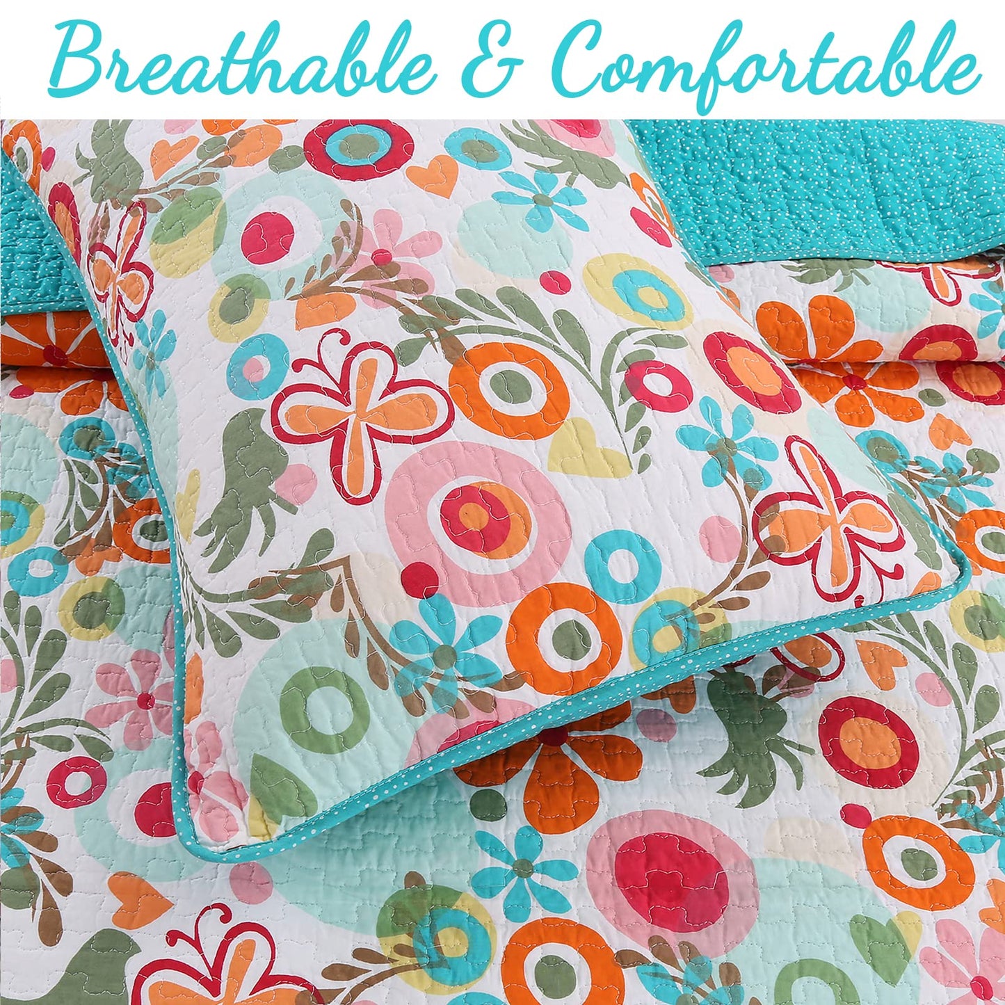 Cozy Line Home Fashions Pink Green Blue Orange Colorful Floral Whimsy Reversible Girl Quilt Bedding Set, Coverlet, Bedspread (Twin - 2 Piece: 1 Quilt + 1 Standard Sham)