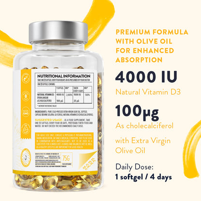 Vitamin D3 4000 IU - with Extra Virgin Olive Oil for Optimum Absorption - High Strength Vitamin D Supplement Contributes to Bone, Muscle and Immune Function - 365 Vitamin D Capsules