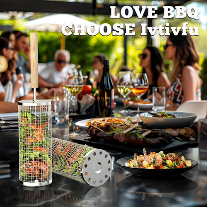 Rolling Grill Basket, Removable Wooden Handle, 304 Stainless Steel, Nesting Grilling Net, BBQ Accessories Tools for Vegetables Shrimp, Outdoor Cooking Camping, Birthday Gifts for Men Dad Husband