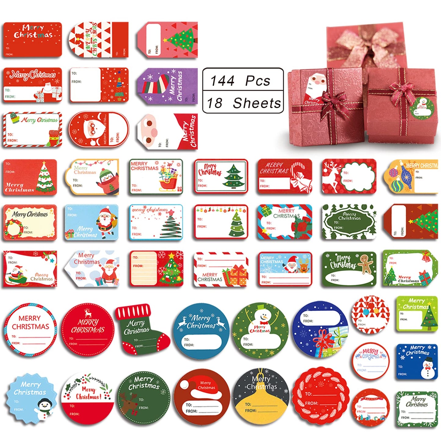 144 Pcs Christmas Self-Adhesive Gift Tag Stickers - Holiday Labels for Santa, Snowman, Tree, Reindeer - Present Name Labels for DIY Xmas Gifts