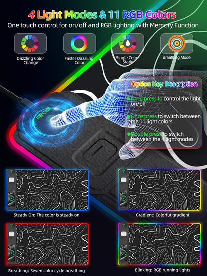 Mouse Pad with Foldable Phone Holder & Wireless Charger, XXL RGB Gaming Mousepad 31.5"x15.8" Large Desk Mat for Keyboard, 11 Colors 5 Modes