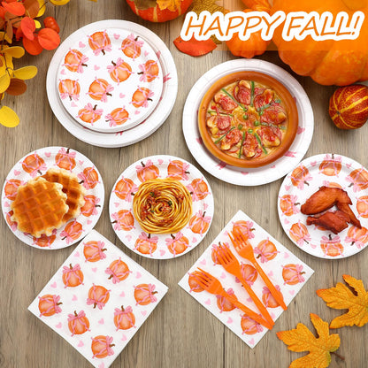 Havawish 96 Pcs Thanksgiving Party Decoration Friendsgiving Pink Bow Pumpkin Paper Plates Pink Baby Shower Party Supply for 24 Guest Coquette Birthday Wedding Tableware A Little Pumpkin Is on the Way