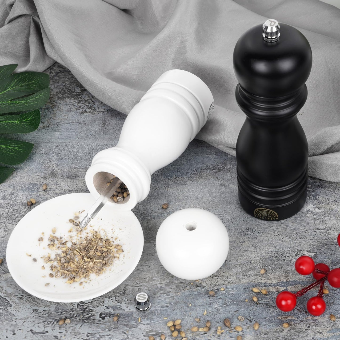 Salt and Pepper Grinder Set - Adjustable Wooden Grinders, White Salt and Pepper Mills, Refillable Salt and Pepper Shakers with Adjustable Coarseness, 7 Inch for Kitchen (Set of 2)