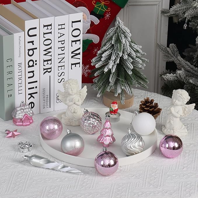 124Ct Pink White and Silver Christmas Ornaments Set,Shatterproof Assorted Christmas Decorations for Xmas Tree Snowflake Icicle House Ball Ornaments Baubles for Holiday Party(Pink White Silver)