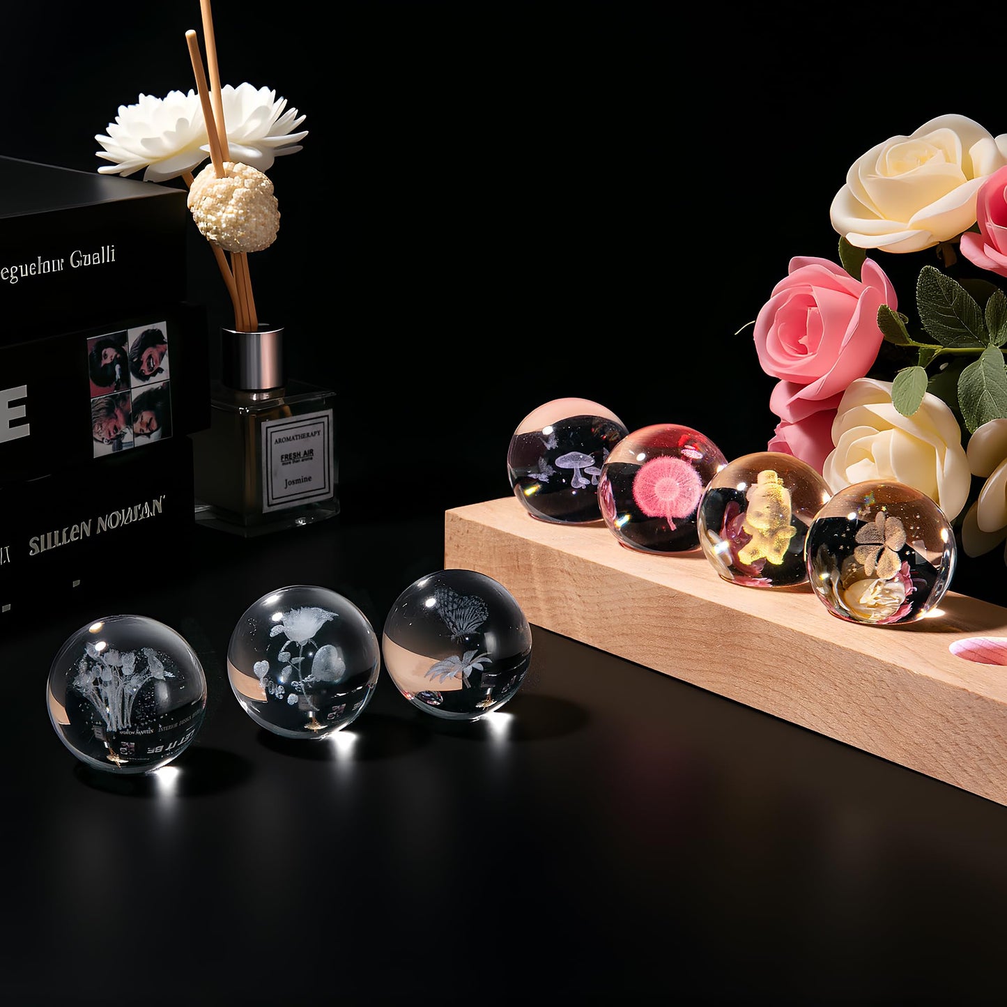 Dokscdlo 7 Pcs Flower Crystal Ball Night Light with LED Wooden Base, 3D Dandelion, Four-Leaf Clover, Mushroom, Rose, Tulip Plant Lamp for Home Office Gifts for Christmas Decor