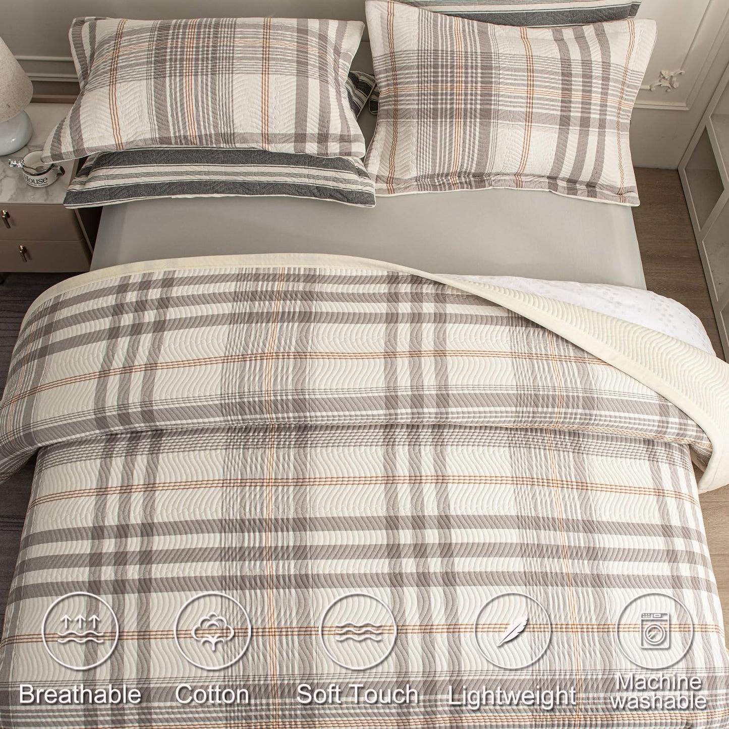 tohrisa Cotton Plaid Quilt Set, Ultra Soft 3 Pieces Queen Size Bedding with 2 Pillow Shams, Lightweight Reversible Coverlet Bedspread with Wave Quilting for Summer, 90"x96", Grid-Grey White