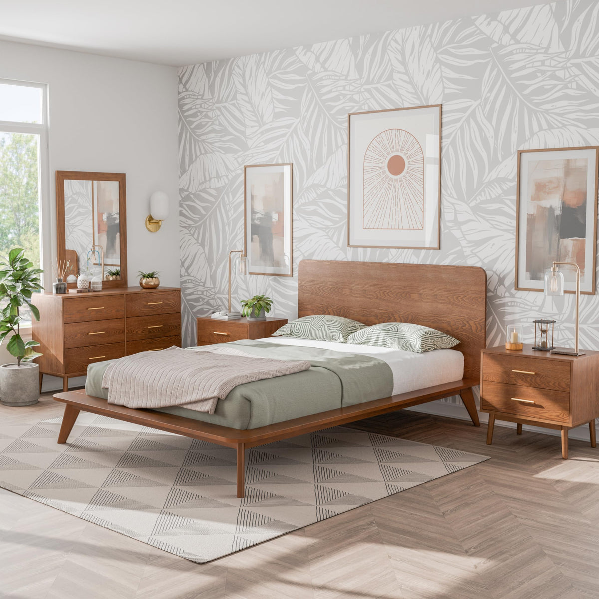 Furniture of America Wyatt Modern Solid Wood Bedroom Collection with Queen Bed Frame, Nightstands, Dresser with Mirror, No Box Spring Needed, Walnut, Standard Low Profile, 5-Piece Set