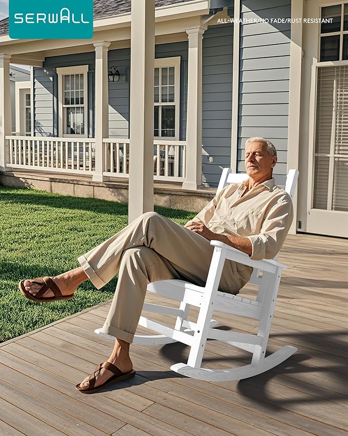 SERWALL HDPE Outdoor Rocking Chair Set of 8, Patio Rocking Chairs for Adults, All Weather Outdoor Rockers for Lawn, White