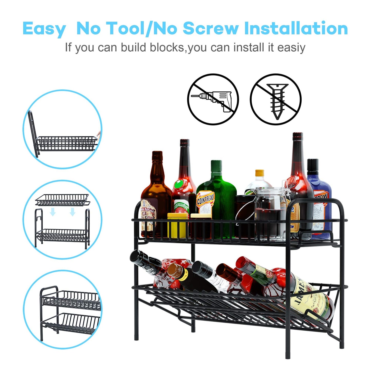 HengLiSam Spice Rack Organizer for Countertop, Heavy Duty Full Solid Metal Kitchen Shelves, 2 Tier Liquor Shelves Freestanding Holder Storage for Kitchen Cabinet Pantry Bottle Rack for Bathroom, Black