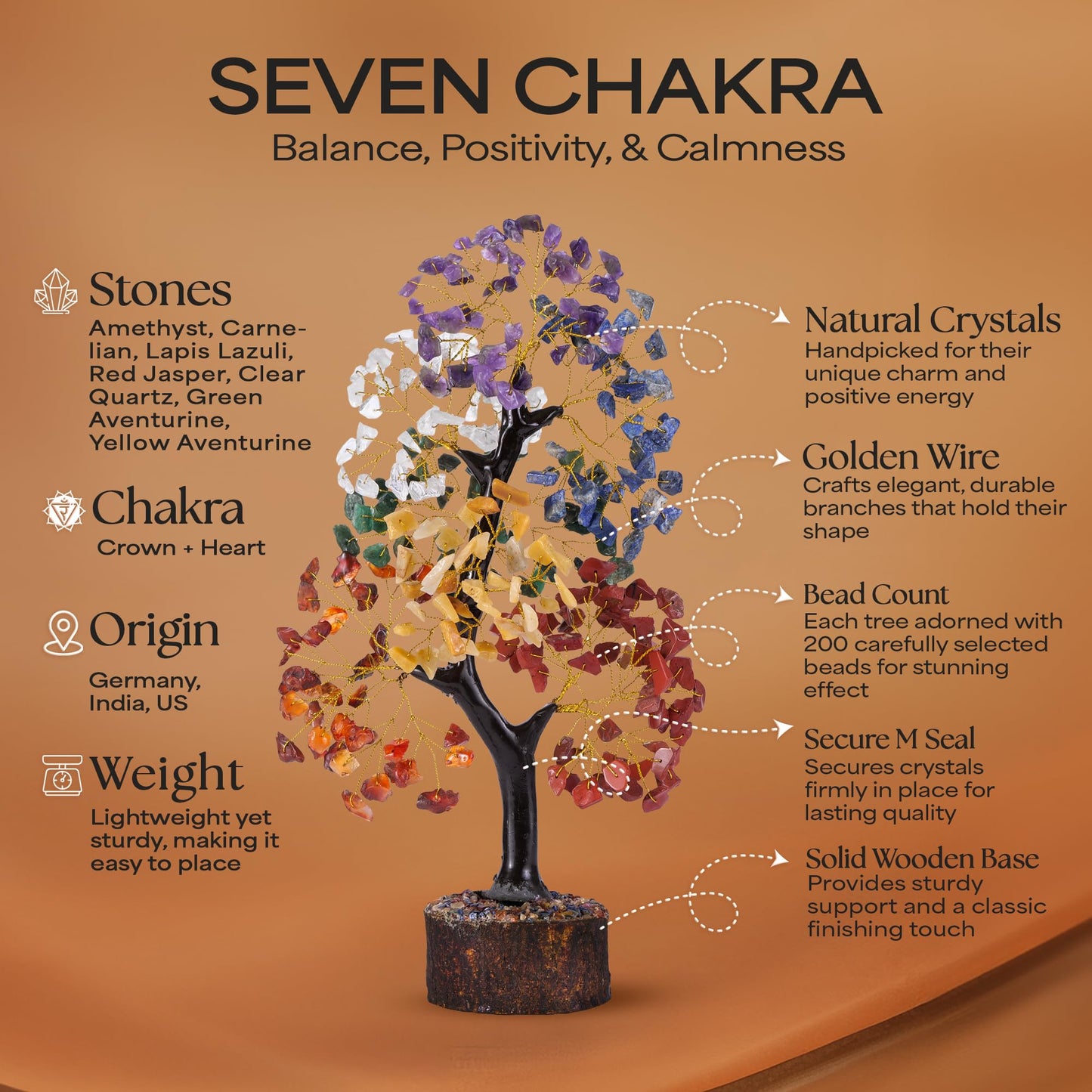 Crystal Tree of Life with Seven Chakra Tumble Hanging, 7 Chakra Healing Crystal Tree, Office Desk Decor, Room Decor, Bonsai Trees for Positive Energy, Money, Good Luck Birthday Gifts for Women 10-12"