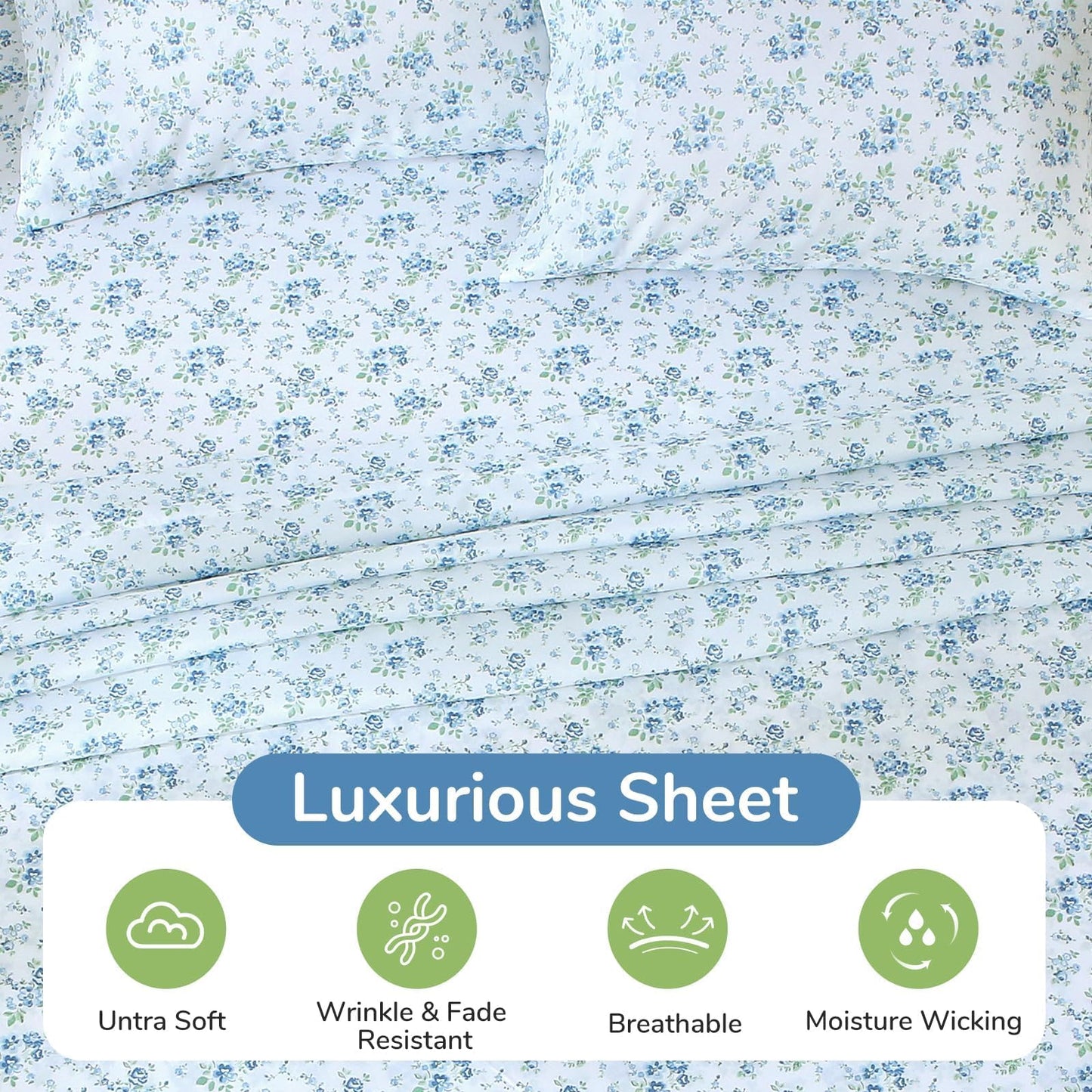 MUXHOMO King Size 4 Piece Sheet Set, Soft Breathable Bed Sheet Set for Bedroom with Deep Pocket Up to 16", Wrinkle-Free & Cooling Bedding for Oeko-TEX Certified - Blossoms Light Blue