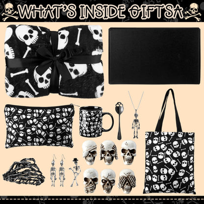 Conelist 16 Pcs Gothic Gifts for Women, Witchy Gifts Goth Horror Themed Includes Skeleton Blanket, Spooky Bag, Gothic Coffee Mug, Skeleton Necklace, Makeup Bag for Women Friend Easter