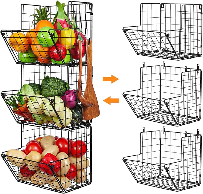 X-cosrack Metal Wire Basket Wall Mount, 3 Tier Wall Storage Organizer