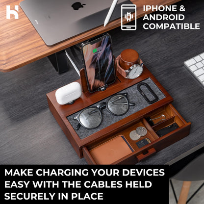 Holme & Hadfield Premium Wooden Phone Docking Station with Drawer – Nightstand Organizer for Charging Phone & Earbuds – Declutter Your Space with Felt-Lined Protection & Watch Pillar - Gift For Men