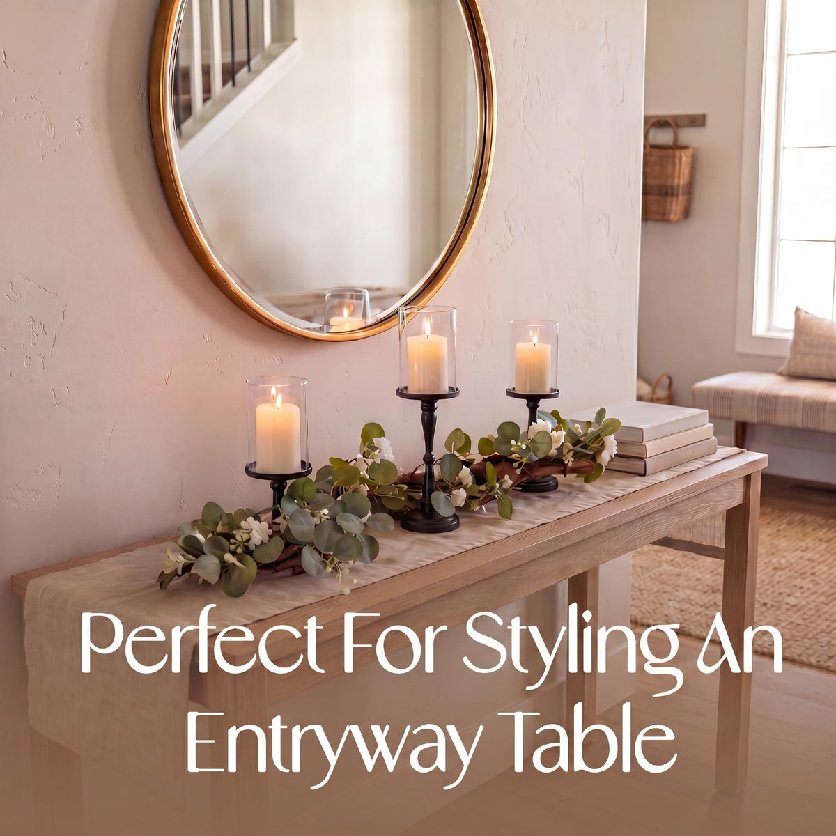 Eucalyptus Table Centerpiece with Candle Holders, Farmhouse Dining Table Decor, Rustic Greenery Centerpiece for Coffee Table, Mantle, Entryway, Wedding & Home Decor (Black)
