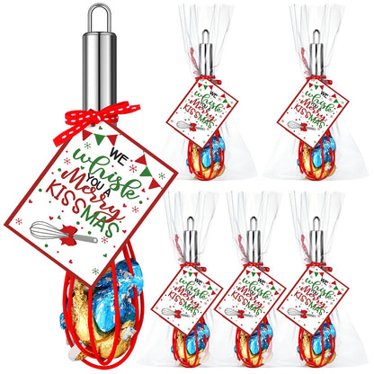 Nuogo 6 Sets Christmas Neighbor Gifts Christmas Whisk Baking Cooking Supplies Includes 8 Inch Stainless Steel Whisk, Greeting Cards, Ribbons, Plastic Bags for Kitchen Supplies Xmas Stocking Stuffers