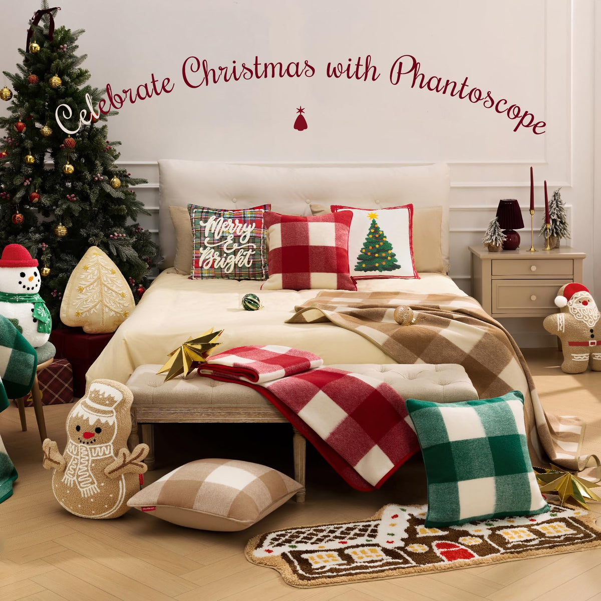 Phantoscope Pack of 2 Christmas Throw Pillow Covers, Premium Faux Wool Buffalo Check Pillow Covers with Locking Edge Xmas Plaid Decorative Pillows for Couch, Red, 18 x 18 inch