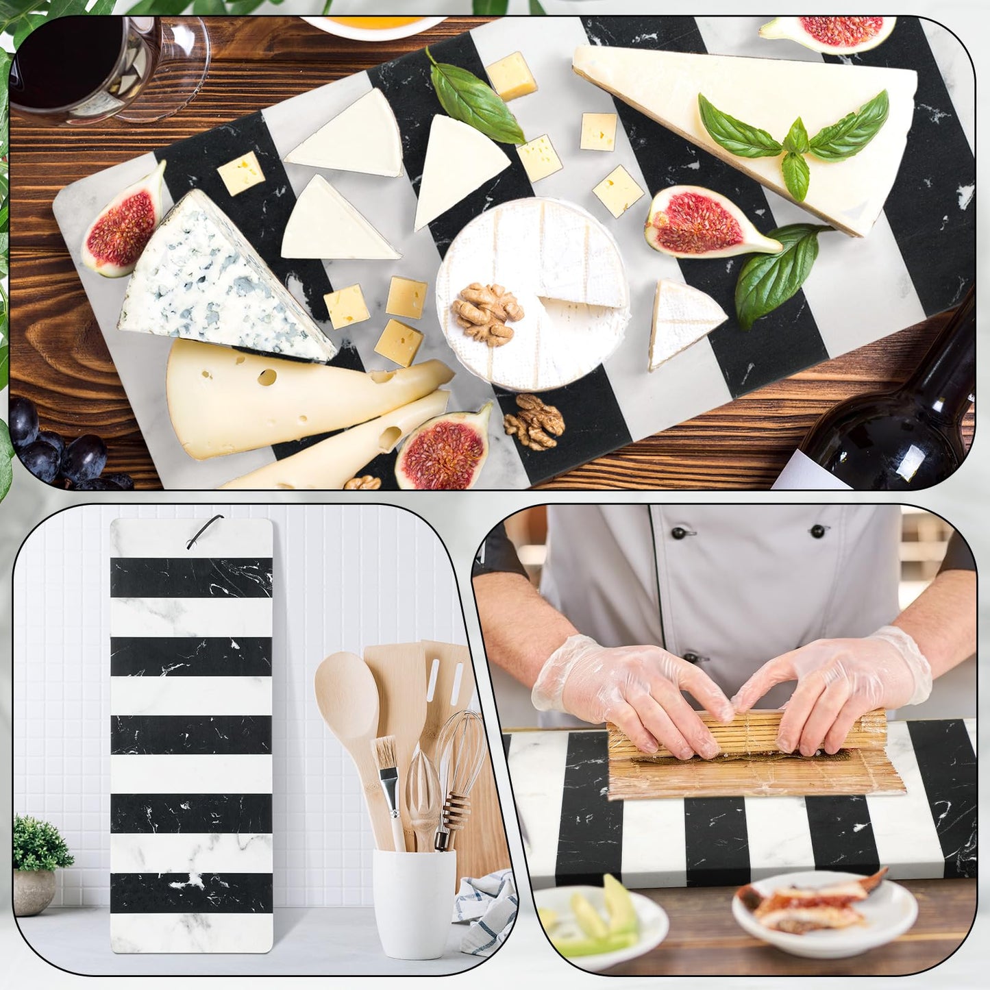 Patelai Marble Cutting Board for Kitchen Multi Purpose Striped Marble Board with Leather Tie 6 x 16 Serving Tray Stone Checkered Cutting for Kitchen Easy to Clean