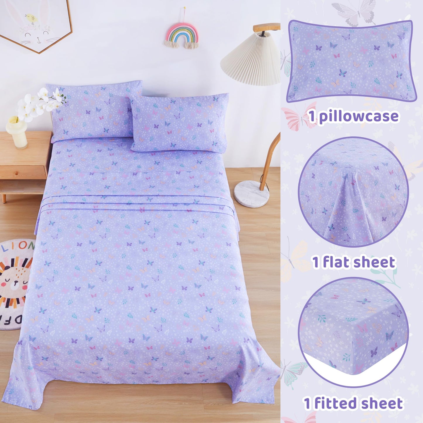 Viviland 3 Pieces Girls Light Purple Twin Sheet Set - Soft Microfiber Fitted Flat Sheets & Pillowcase - Butterfly Floral Printed Bedding Sets - for Kids & Toddlers