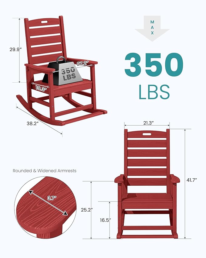 SERWALL Outdoor Rocking Chair Set of 2, Oversized Rocking Chair with Footboard for Adults, HDPE All Weather Resistant Rocking Chairs for Patio, 350lbs Weight Capacity,Red