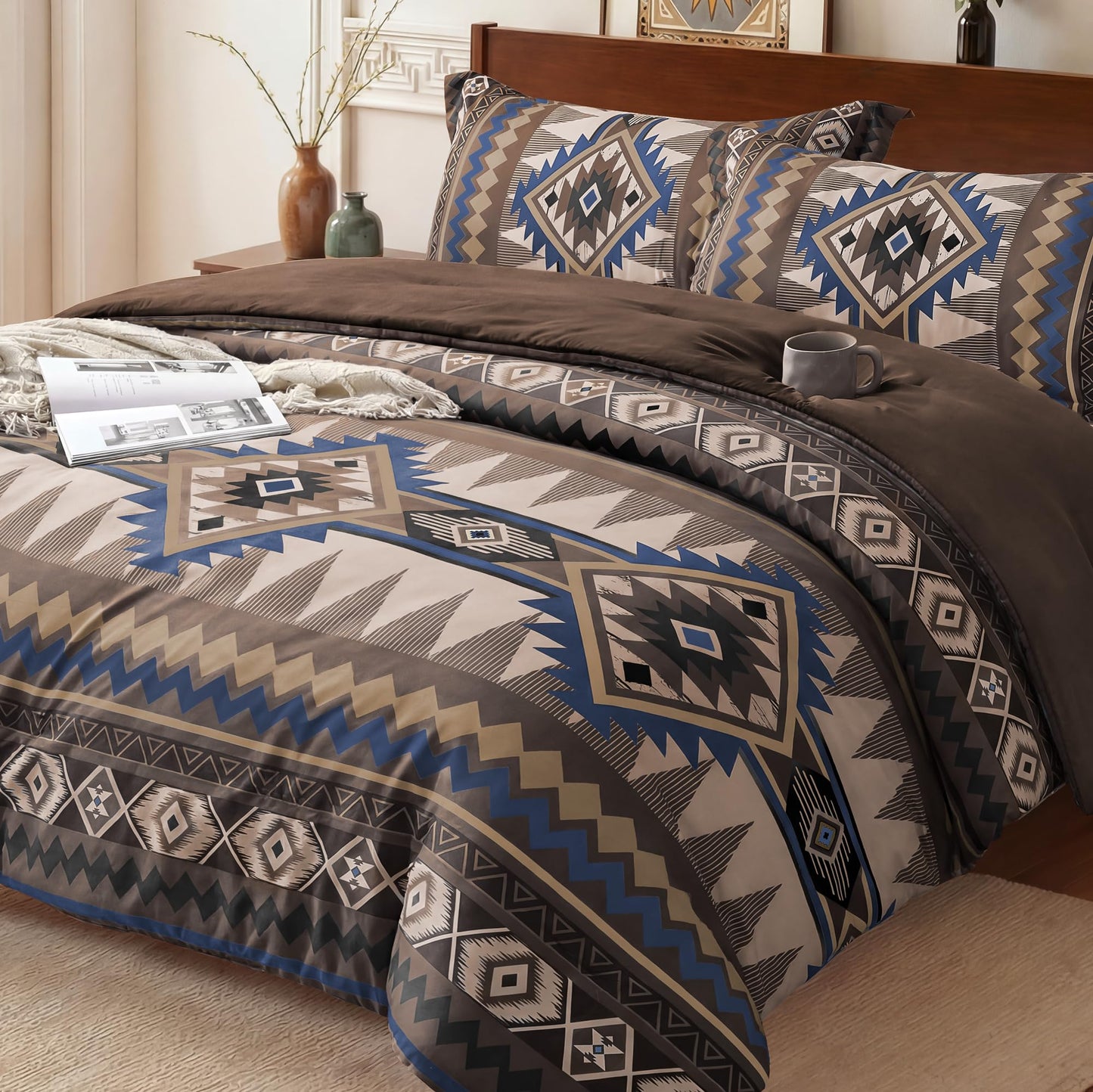 Tyrot Dark Brown King Size Comforter Set – 3 Piece Boho Aztec Western Bedding Sets, Soft Lightweight Comforter for All Seasons, Southwestern Style, 1 Comforter & 2 Pillow Shams