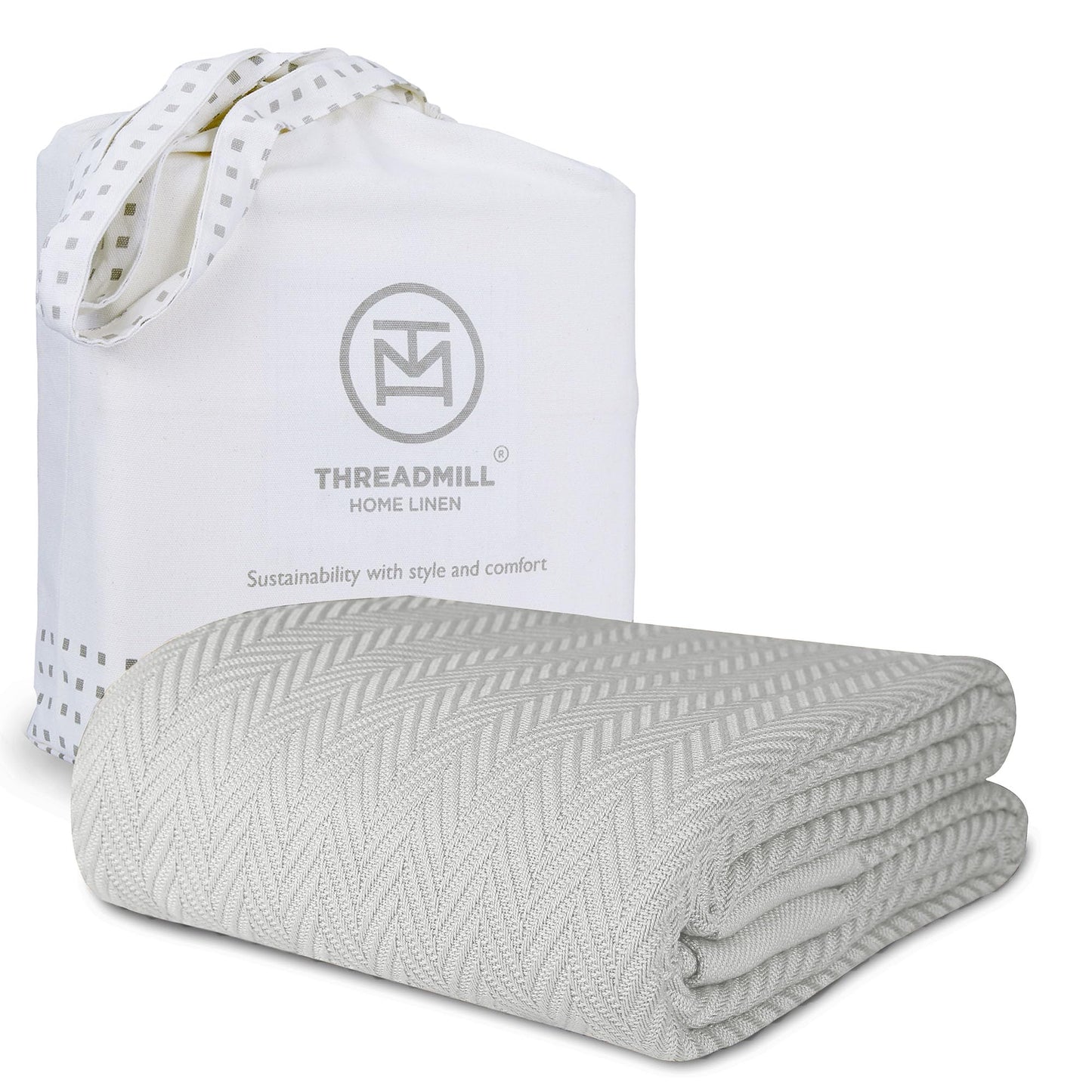 Threadmill Luxury Cotton Blankets for Twin Size Bed | All-Season 100% Cotton Twin Blanket for Bed | Herringbone Soft & Cozy Fall Thermal Blanket, 350GSM, 68x90 inches | Light Grey