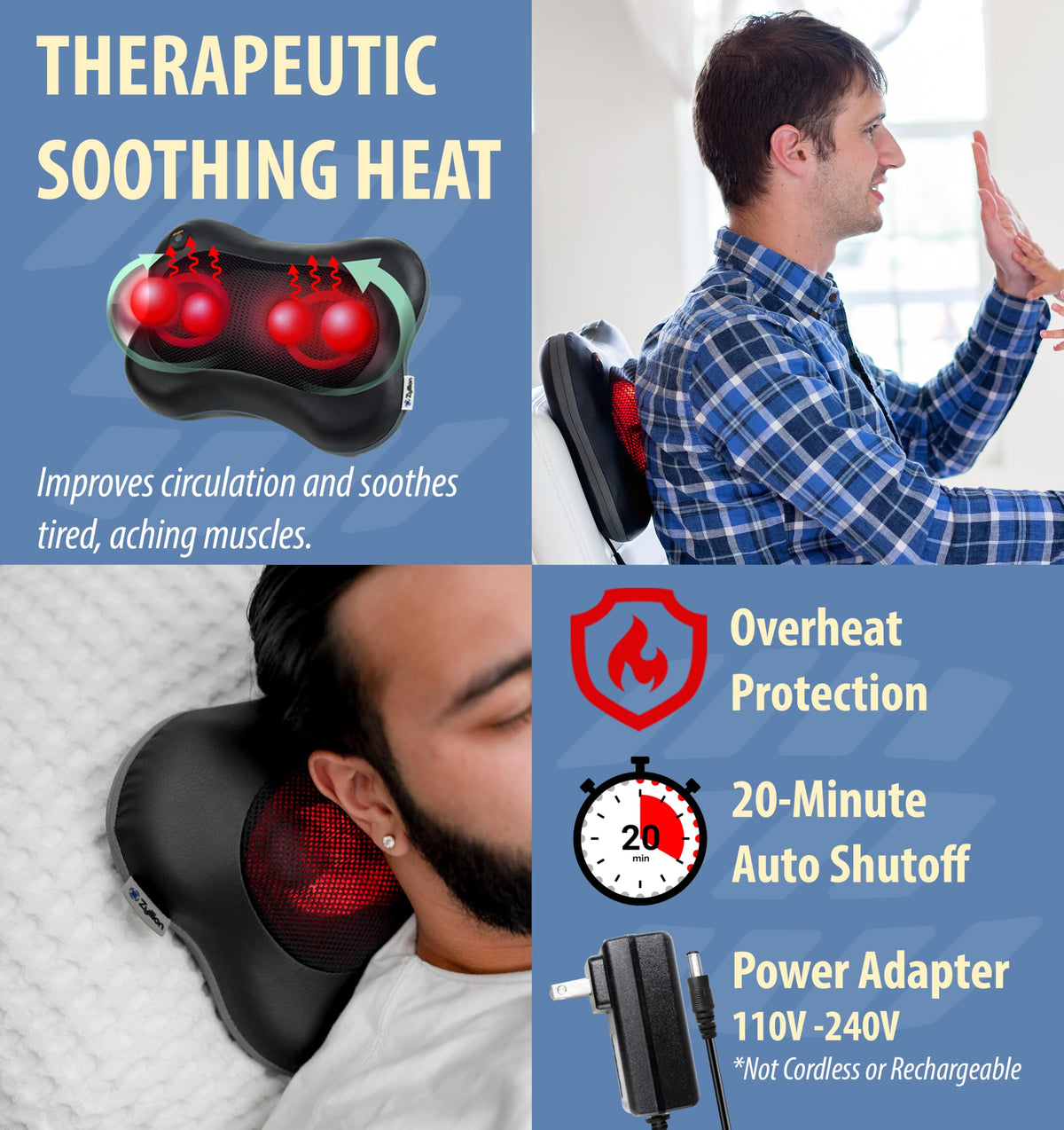 Zyllion Shiatsu Back and Neck Massager with Heat (FSA HSA Eligible) 3D Kneading Deep Tissue Massage Pillow for Muscle Pain Relief, Arthritis, Sciatica, Plantar Fasciitis on Shoulder, Leg, Foot ZMA-13