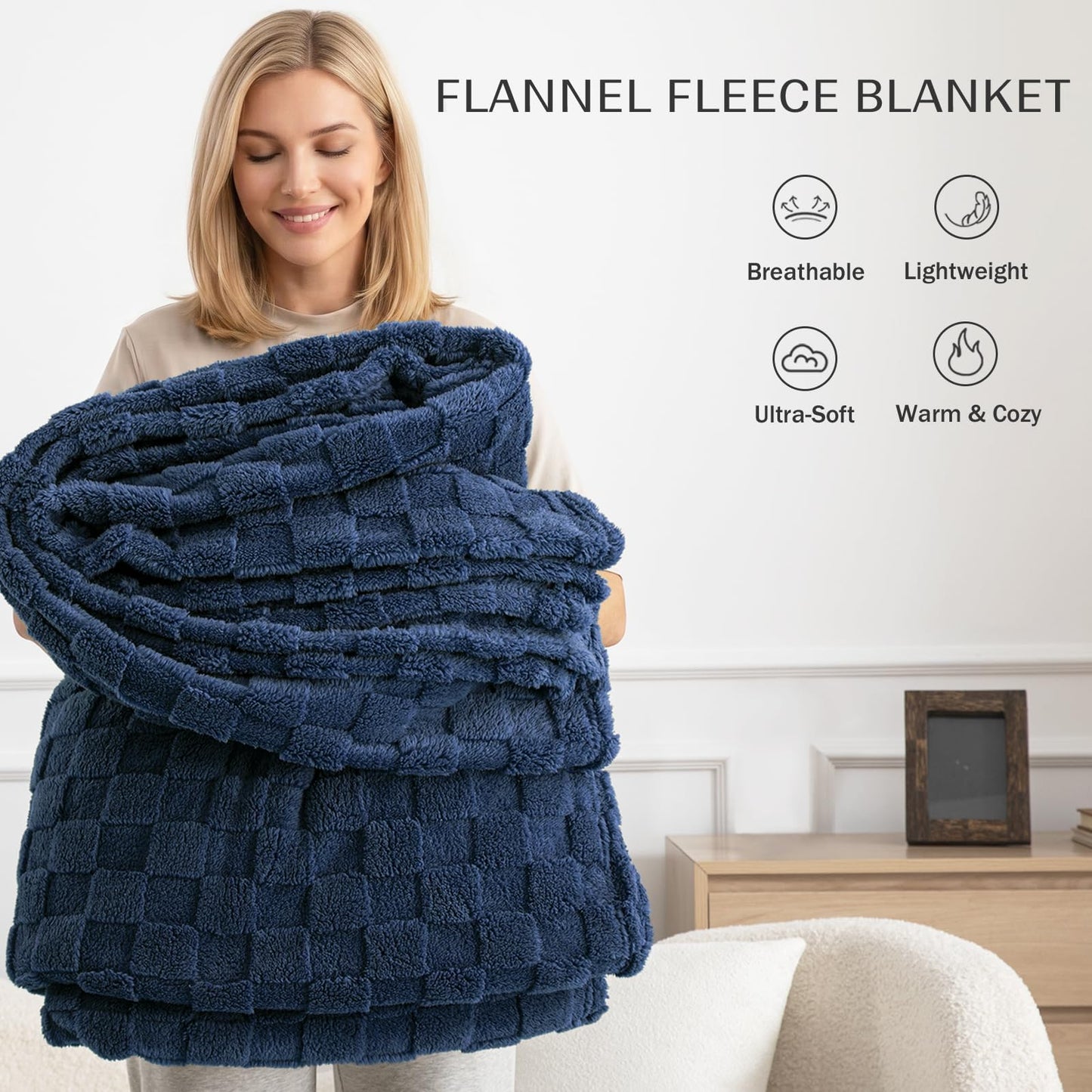 Exclusivo Mezcla Fleece Throw Blanket for Couch and Sofa, Super Soft and Cozy Blankets with Checkered Design, Lightweight, Decorative, All Season Use, 50x60 Inches, Navy Blue