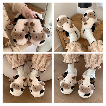 Jerzmy Fuzzy Cow Slippers for Women Men, Cute Cotton Animals House Slippers Fluffy Plush Shoes for Girls Indoor Living Room Bedroom Garden, Size 10-11