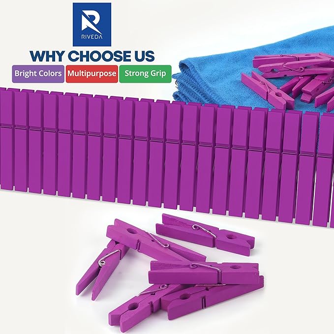 RIVEDA 50pcs Colored Wooden Clothes Pins, Clothespins