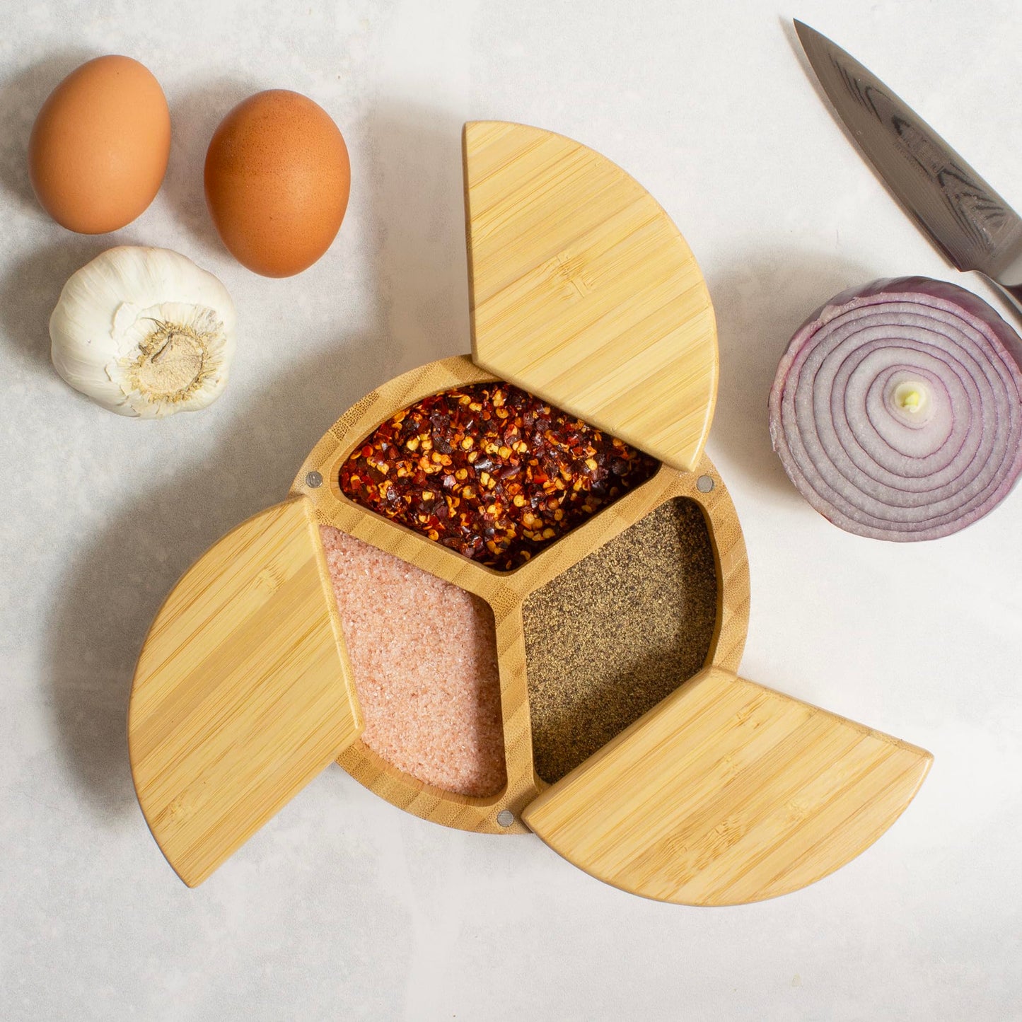 Totally Bamboo Trio Salt Cellar Storage Box with Three Compartments and Magnetic Swivel Lids, 13.2 Ounce Capacity